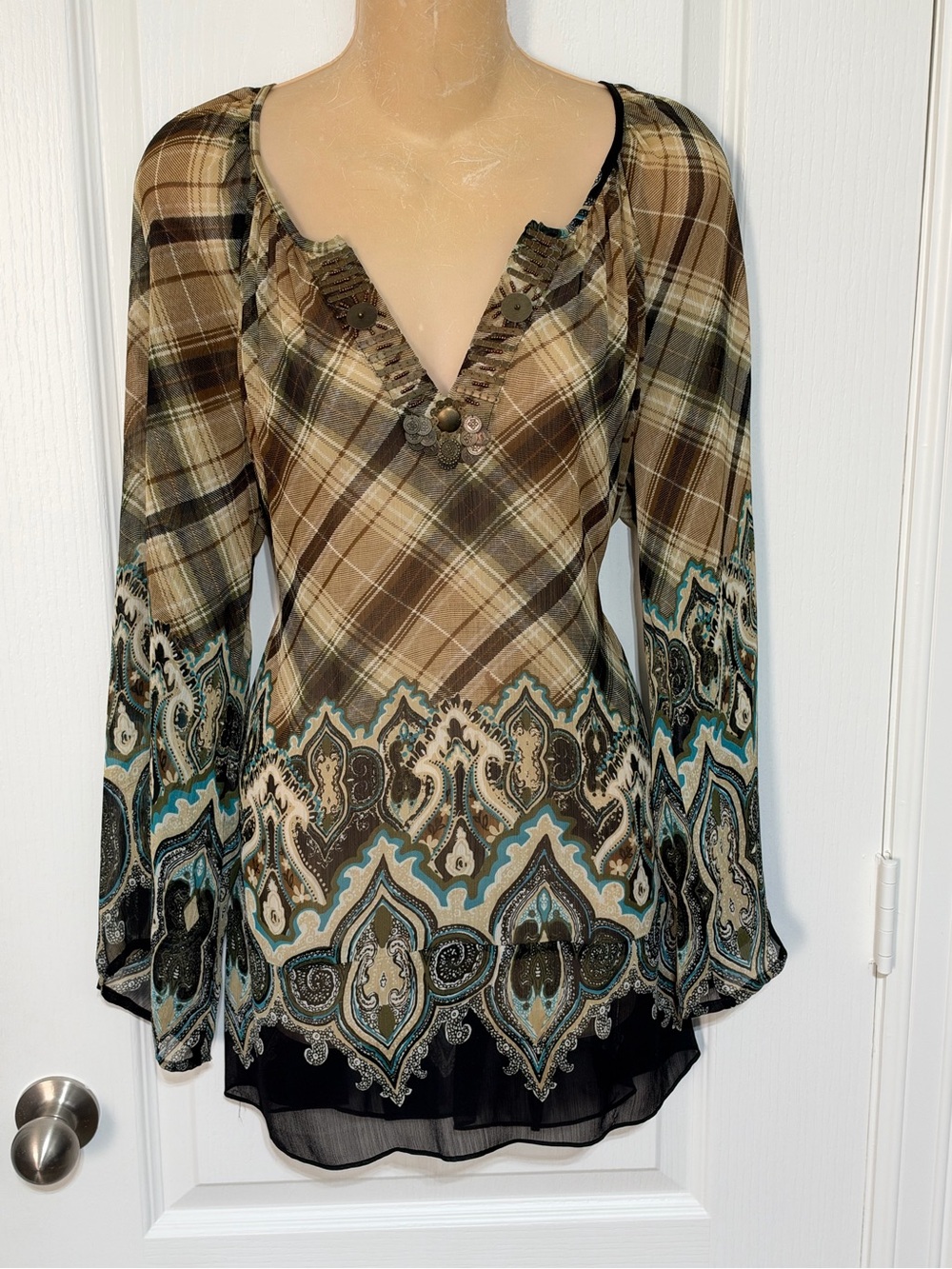 Sunny Leigh Plaid & Paisley V-Neck Tunic - Brown, Teal